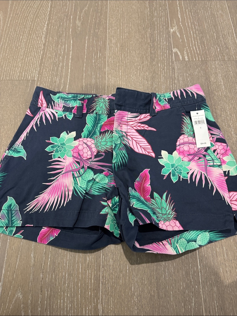 Tropical Print Women's Shorts - Navy with Pink & Green